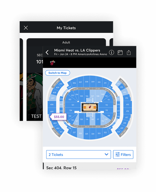 Composite Image of Miami Heat Mobile App: Arena Map and My Tickets screens