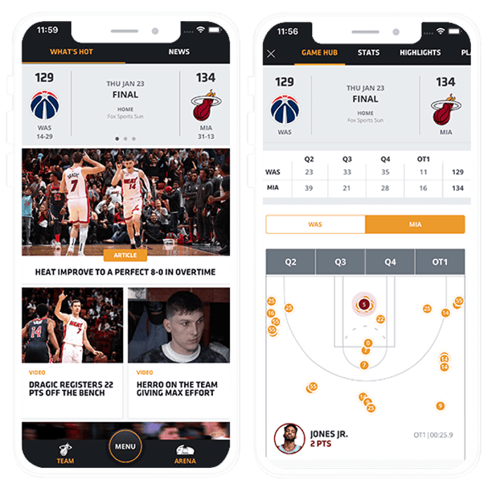 Composite Image of Miami Heat Mobile App: Home and Shots screens