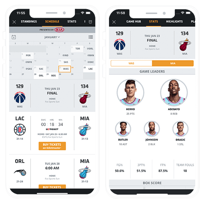 Composite Image of Miami Heat Mobile App: Schedule and Game Leaders screens