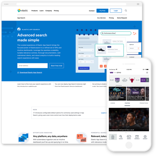 Screenshots of elastic website and the Sacramento Kings mobile app