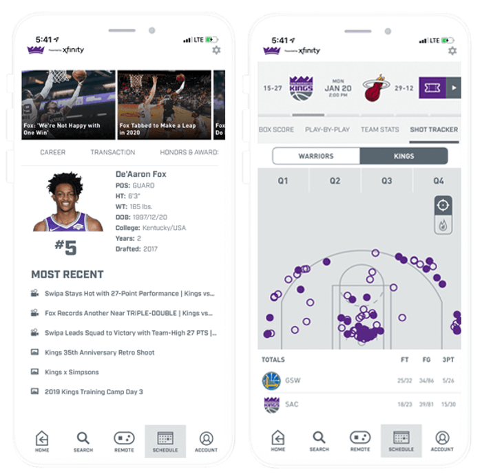Composite Image of Sacramento Kings Mobile App: Player Stats and Shot Tracker Screens