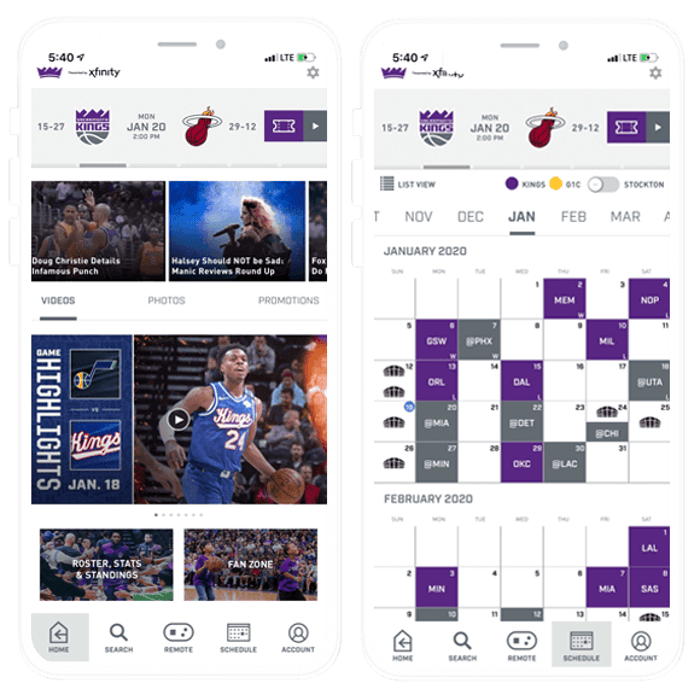 Composite Image of Sacramento Kings Mobile App: Home and Schedule Screens