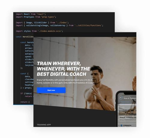 Image of layered screenshots: Freeletics web page and command line screen with code